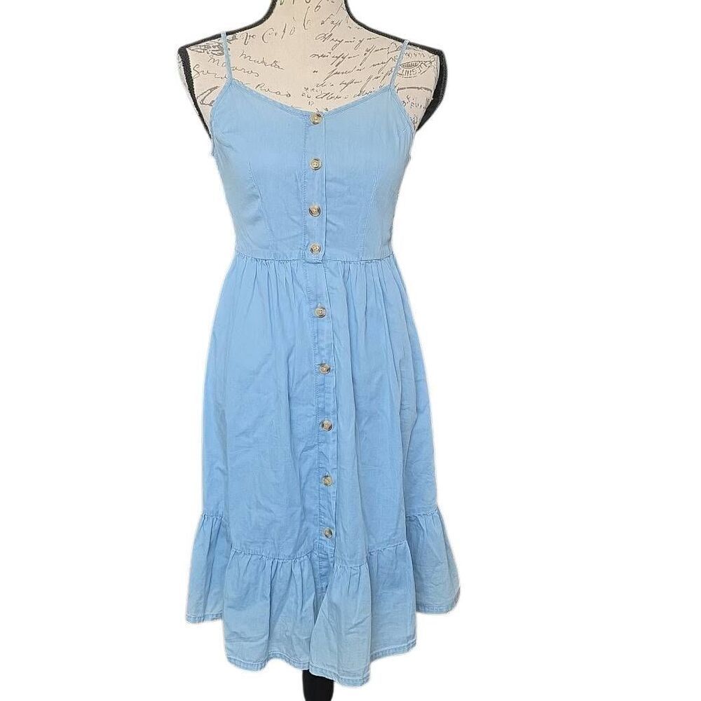 Japna Women's Size XS Blue Button Down Shirred Back Ruffle Bottom Sun Dress